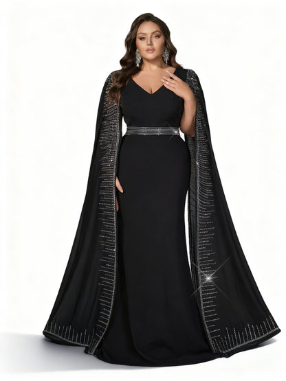 Stalluxe | Schwarzes Strass-Abendkleid mit Umhangärmeln und weitem Saum