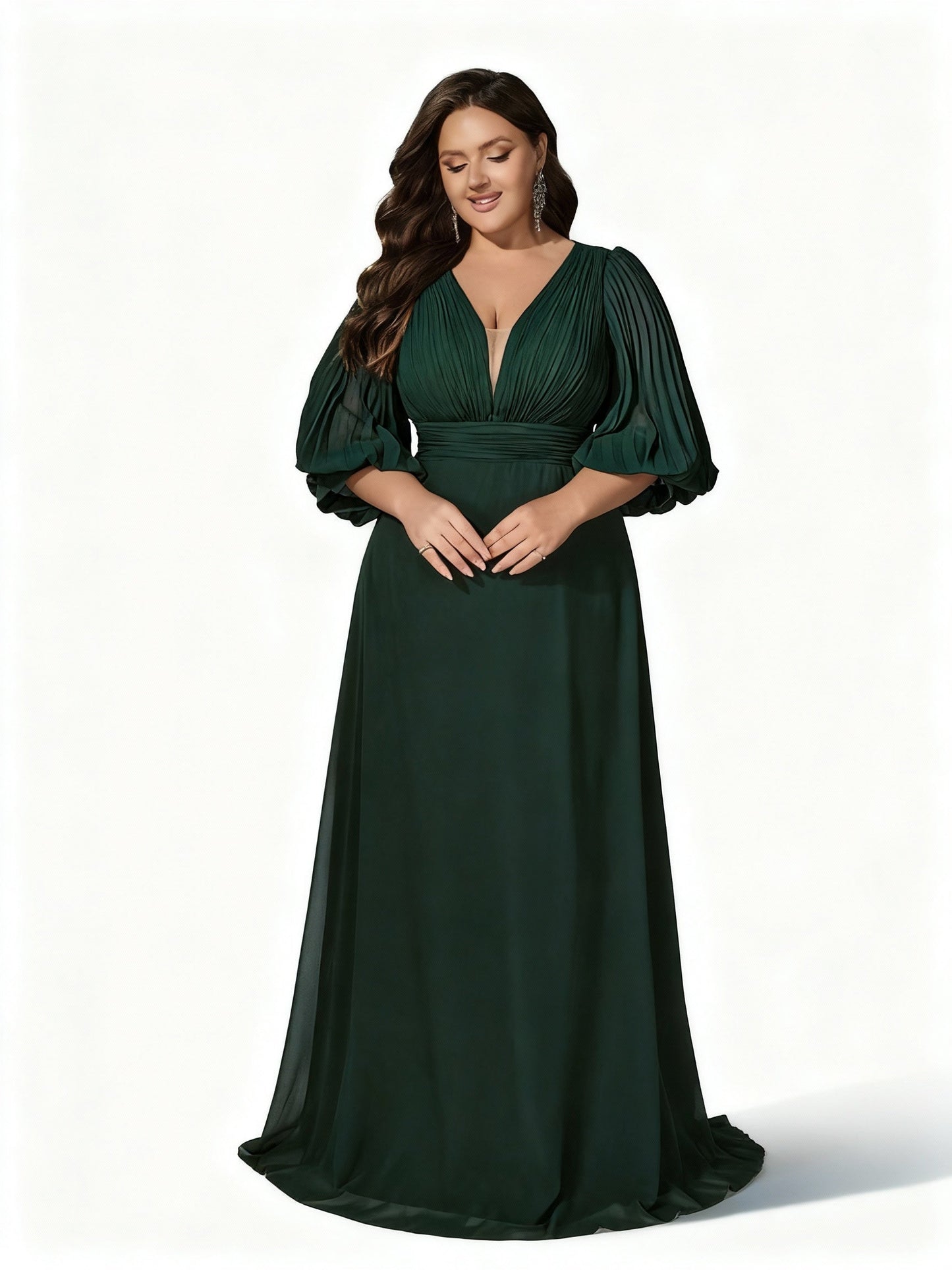 Stalluxe | Dunkelgrünes Abendkleid mit Laternenärmeln und Tiefem V-Ausschnitt