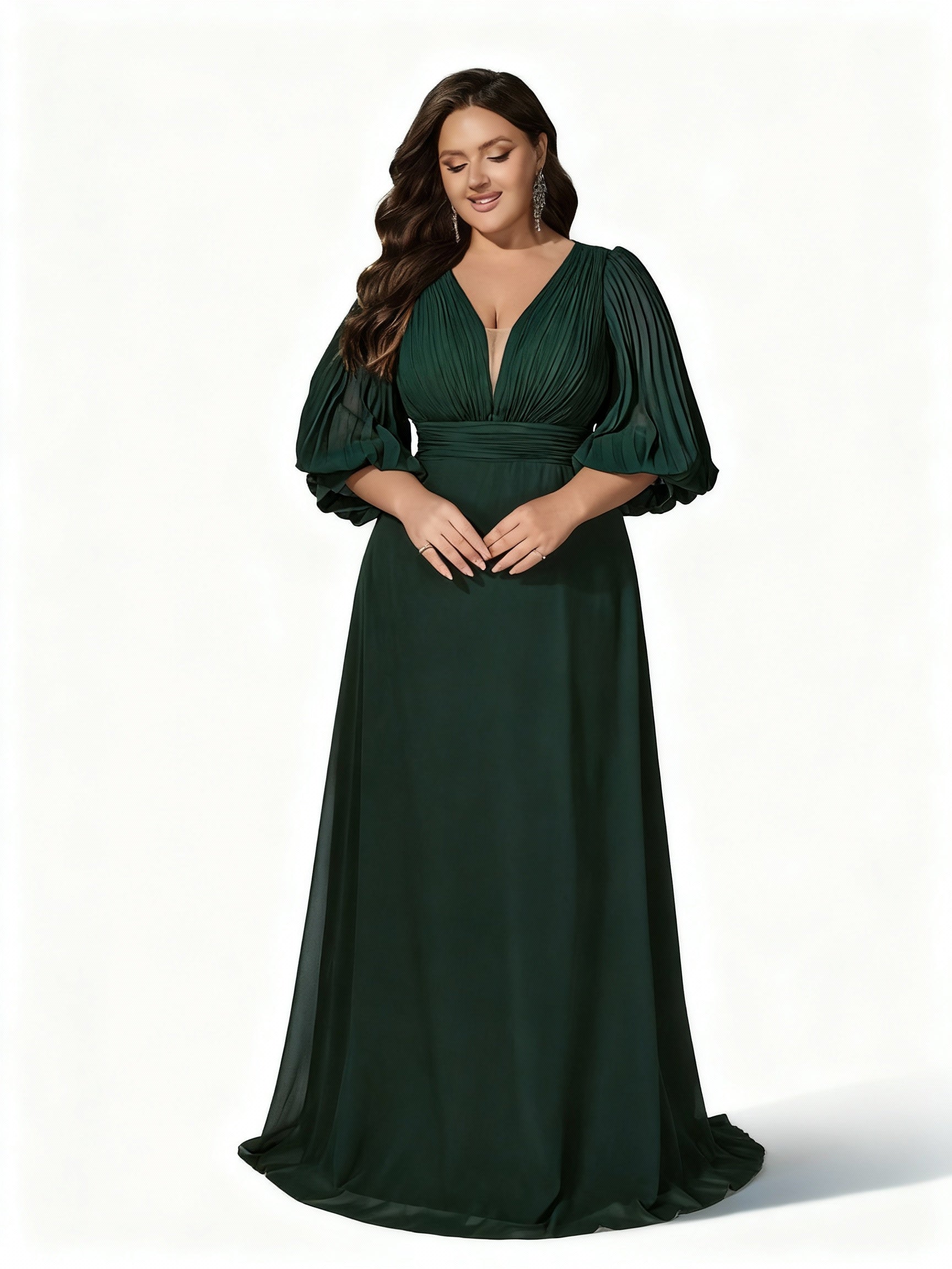 Stalluxe | Dunkelgrünes Abendkleid mit Laternenärmeln und Tiefem V-Ausschnitt