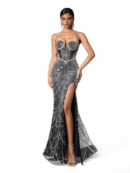 Stalluxe | Paillettenkleid mit Netzstoff und Hohem Schlitz Schwarz