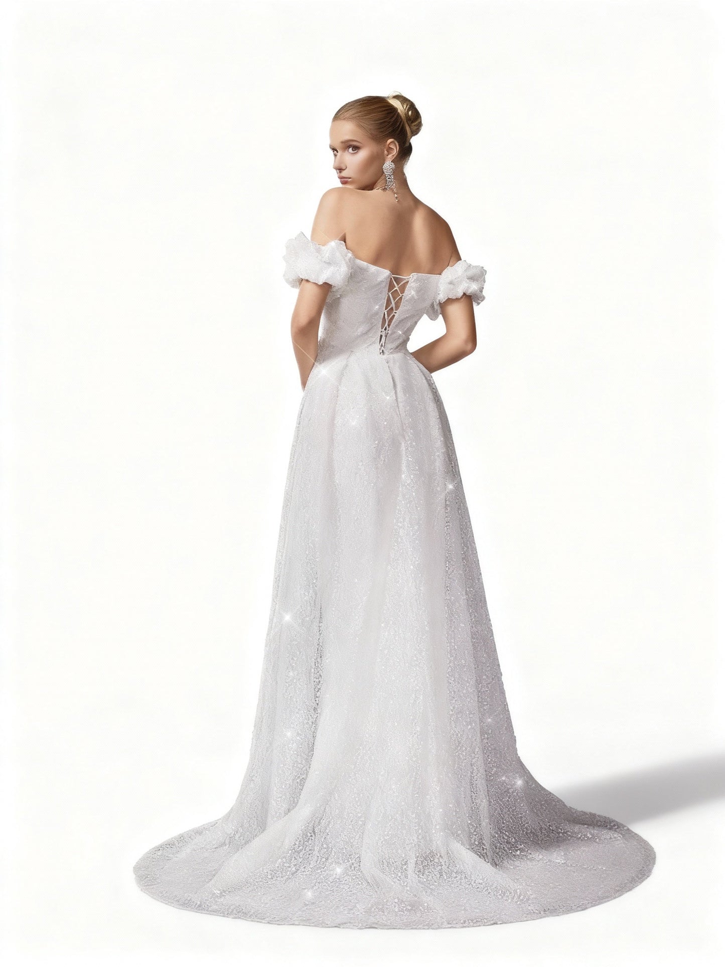 Stalluxe | Weißes One-Shoulder Mesh Hochzeitskleid mit Spitze