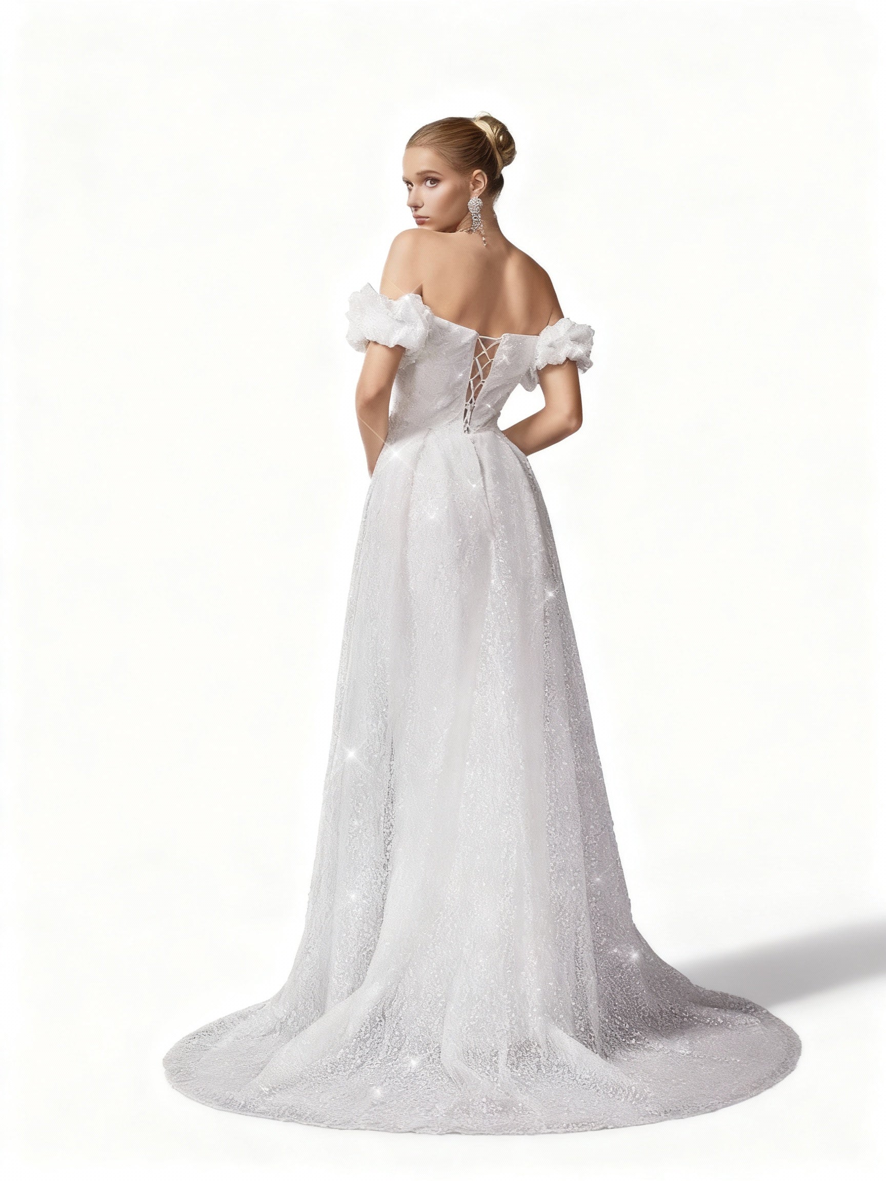 Stalluxe | Weißes One-Shoulder Mesh Hochzeitskleid mit Spitze