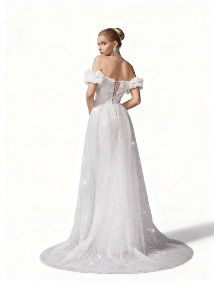 Stalluxe | Weißes One-Shoulder Mesh Hochzeitskleid mit Spitze