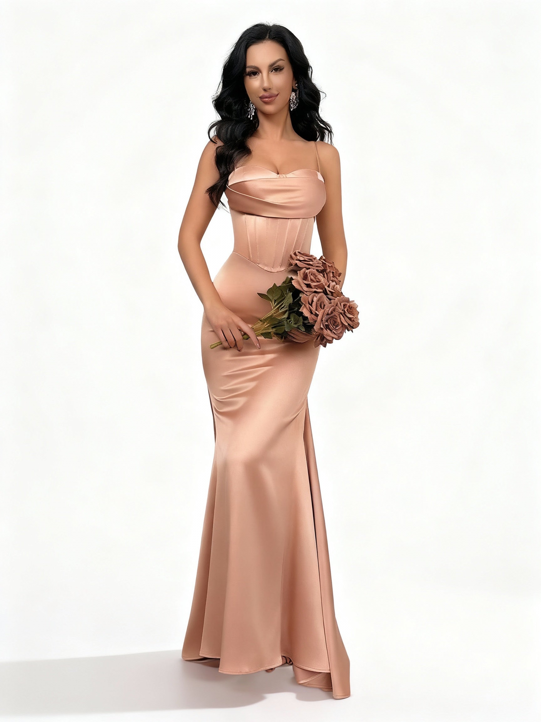 Stalluxe | Satinkleid mit Spaghettiträgern und Halterneck Champagnerfarbe