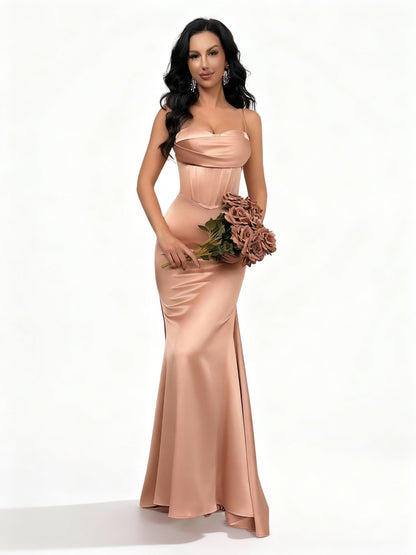 Stalluxe | Satinkleid mit Spaghettiträgern und Halterneck Champagnerfarbe