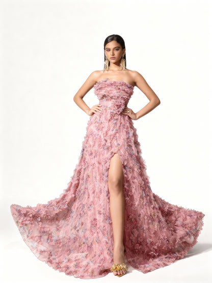 Stalluxe | Sommerliches Abendkleid mit Blumenmuster, offenem Rücken und hohem Beinschlitz Rosa