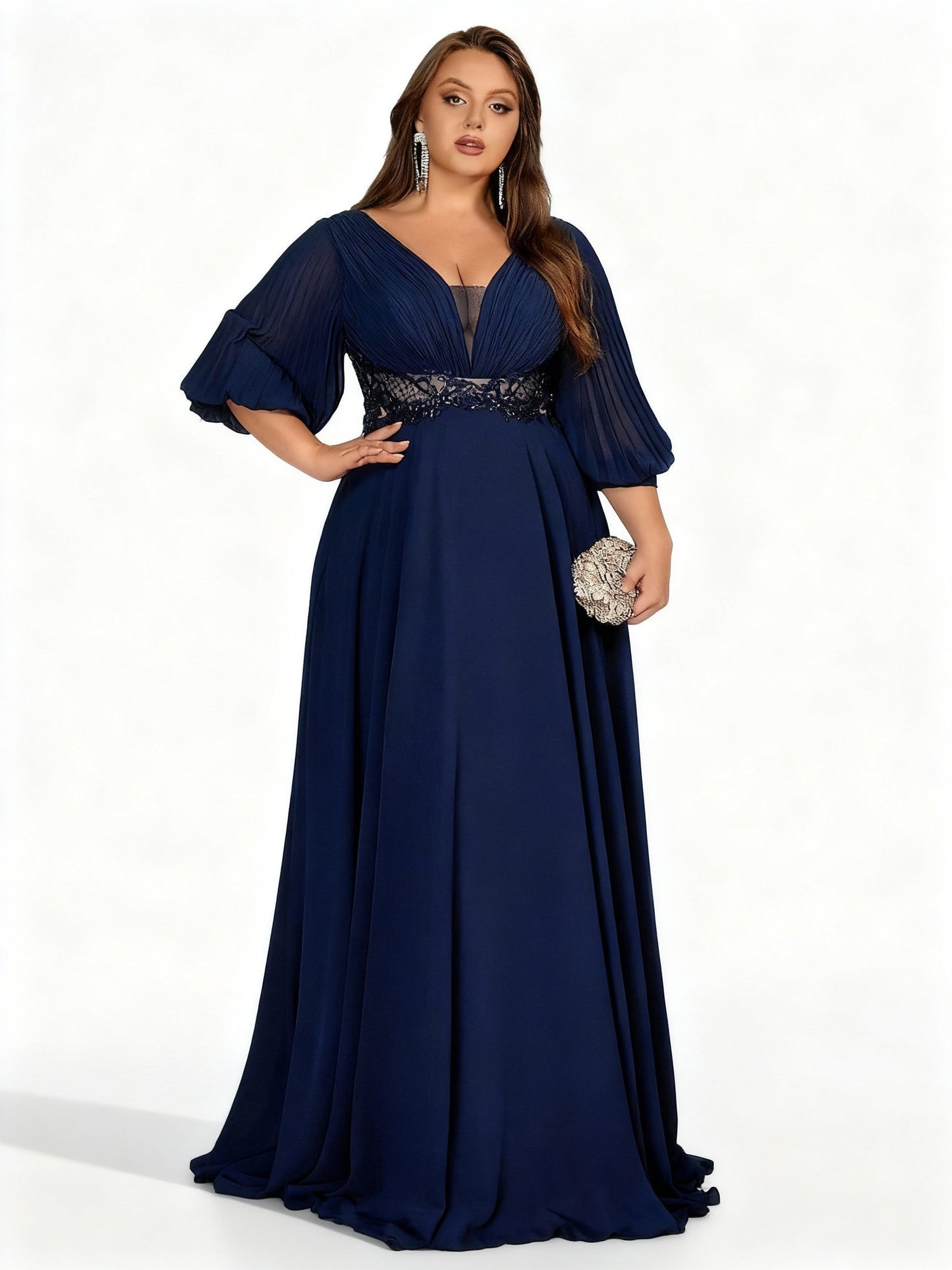 Stalluxe | Schickes Marineblaues Chiffon Abendkleid mit V-Ausschnitt in Übergröße