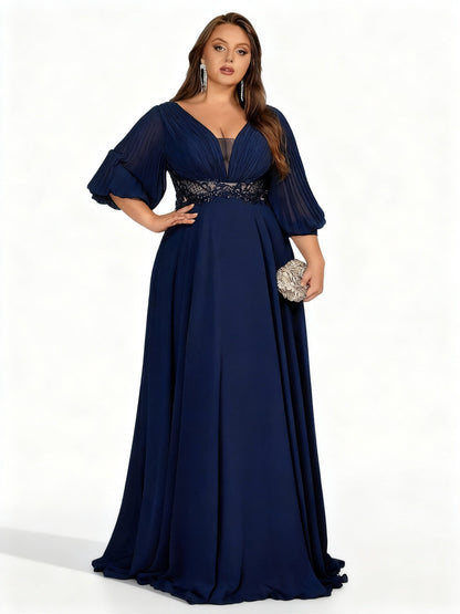 Stalluxe | Schickes Marineblaues Chiffon Abendkleid mit V-Ausschnitt in Übergröße