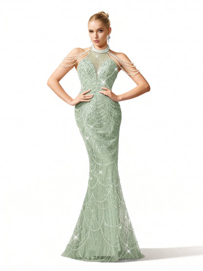 Stalluxe | Langes Kleid mit Neckholder und Meerjungfrauen-Saum Mintgrün