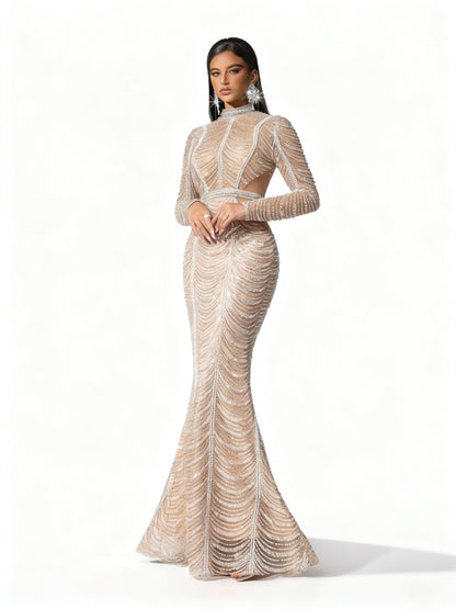 Stalluxe | Champagnerfarbenes Abendkleid mit Perlen und Pailletten, Langarm XL