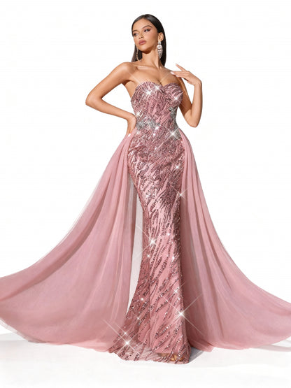 Stalluxe | Rosafarbenes Trägerloses Meshkleid mit Schlitz