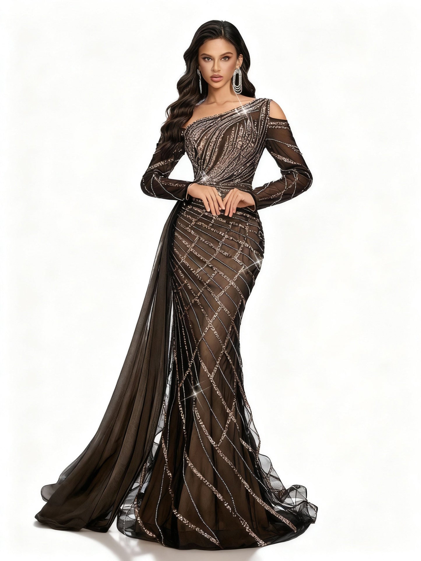 Stalluxe | Schwarzes Perlenkleid mit Asymmetrischem Ausschnitt L