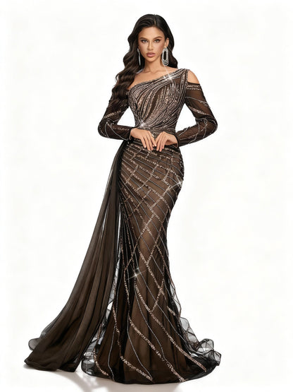 Stalluxe | Schwarzes Perlenkleid mit Asymmetrischem Ausschnitt L