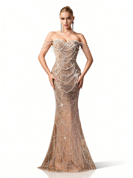 Stalluxe | Perlenverziertes Kleid mit Einer Schulter in Bodenlänge Champagnerfarbe