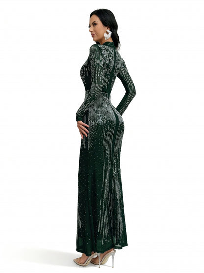 Stalluxe | Elegantes Abendkleid mit Strass, langen Ärmeln und Meerjungfrauen-Saum