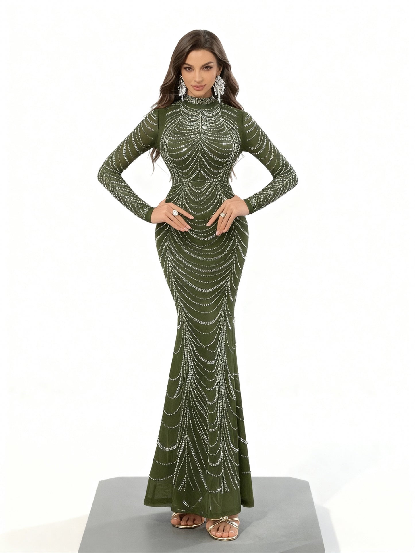 Stalluxe | Strasskleid mit Fischschwanz und Langen Ärmeln Olivgrün