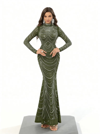 Stalluxe | Strasskleid mit Fischschwanz und Langen Ärmeln Olivgrün