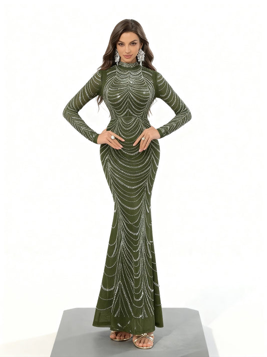 Stalluxe | Strasskleid mit Fischschwanz und Langen Ärmeln Olivgrün