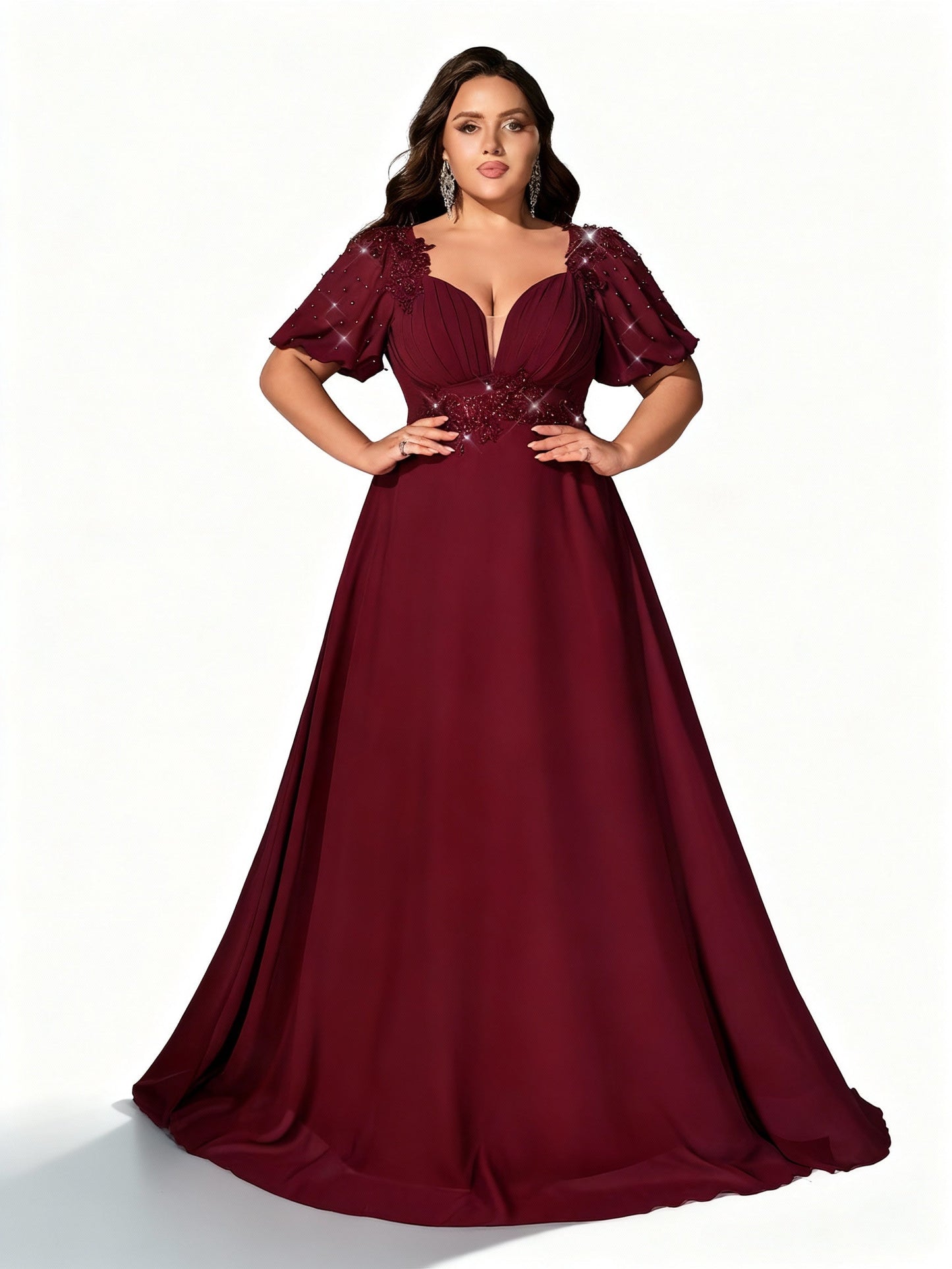 Stalluxe | Klassisches Burgunderrotes Chiffon-Abendkleid mit Tiefem V-Ausschnitt und Volantärmeln