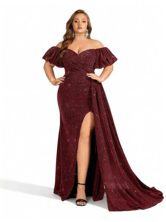 Stalluxe | Schulterfreies Langkleid mit Schlitz in Großen Größen Weinrot