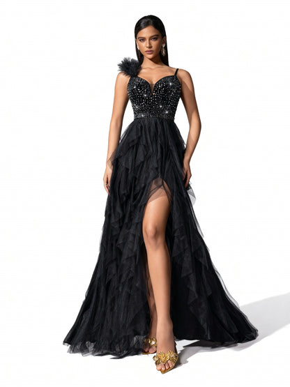 Stalluxe | Schwarzes Rückenträgerloses Netzkleid mit Strass