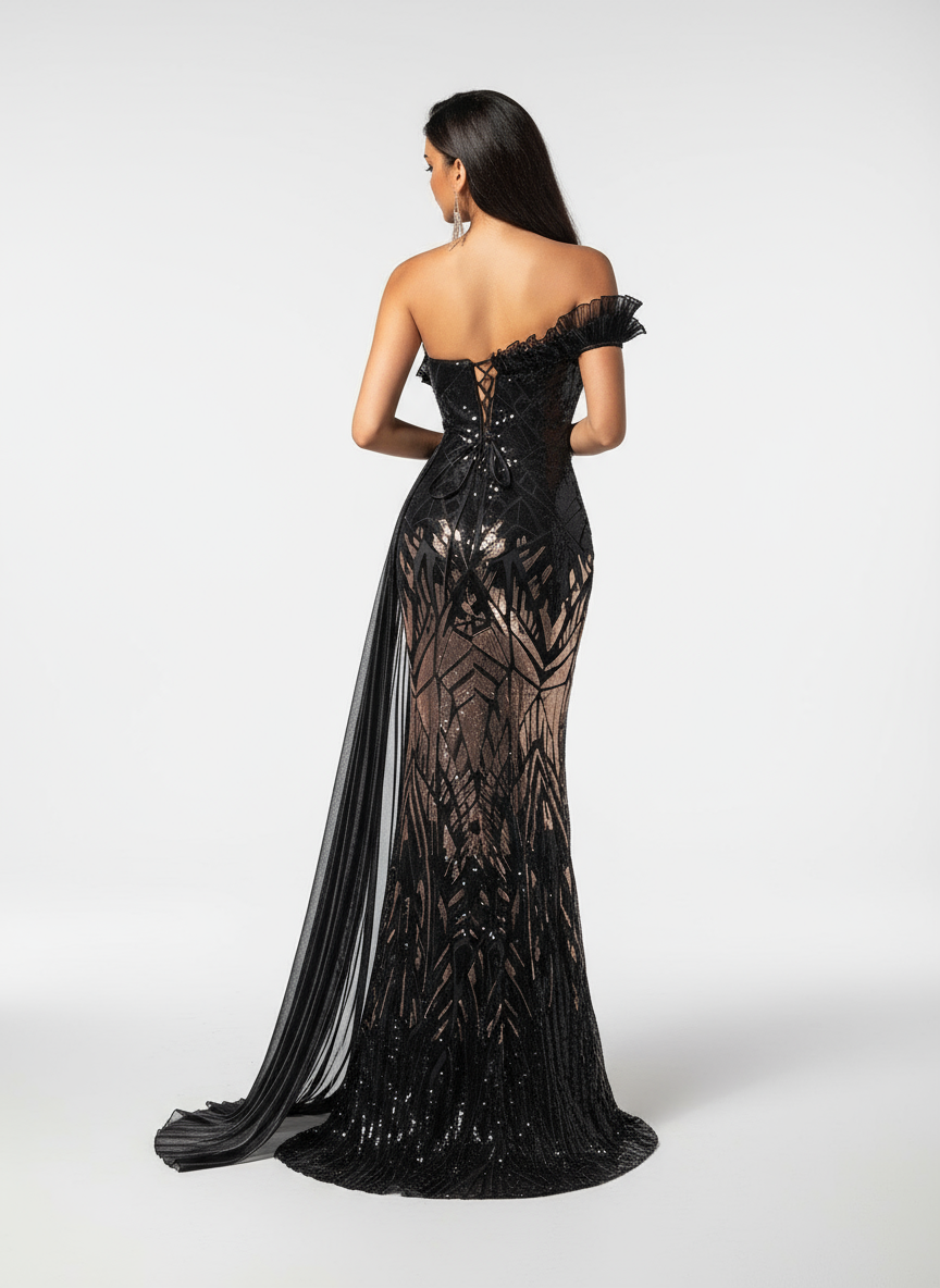 Stalluxe | Elegantes schwarzes One-Shoulder-Kleid mit Fischschwanz