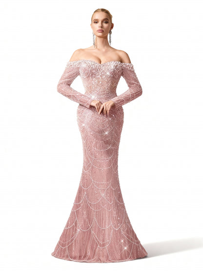 Stalluxe | Göttliches Abendkleid in Himmelblau mit Pailletten, schulterfreiem Schnitt und Meerjungfrauen-Design Rosa