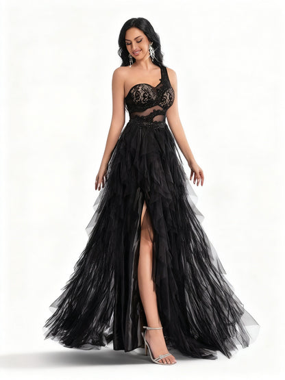 Stalluxe | Einseitiges Spitzen-Mesh-Abendkleid