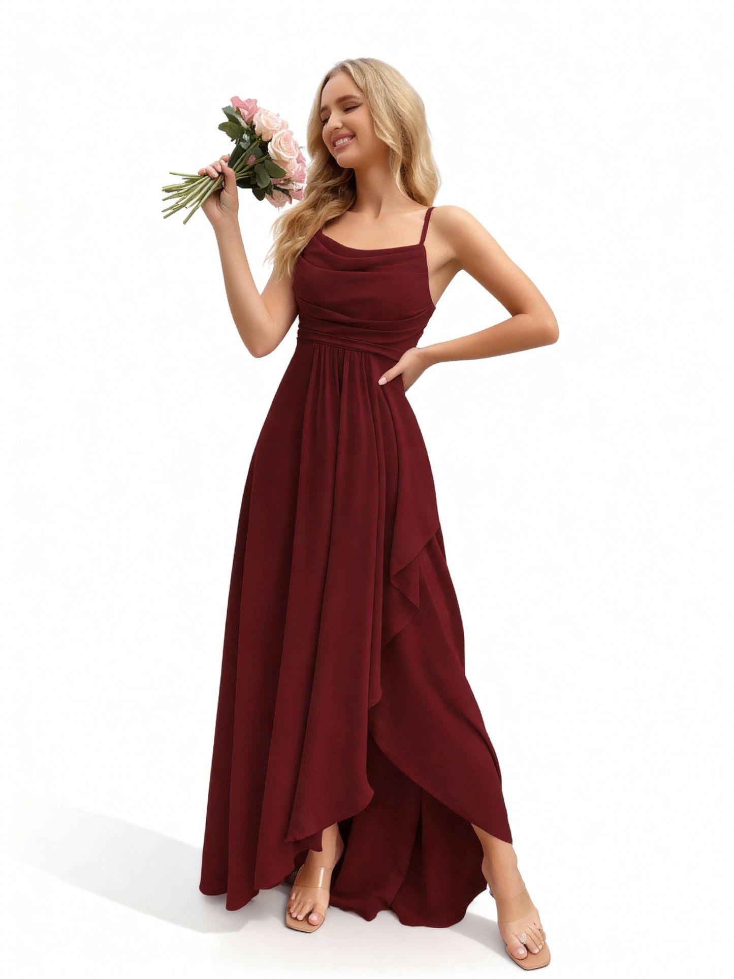 Stalluxe | Brautjungfernkleid mit Wasserfallausschnitt Weinrot