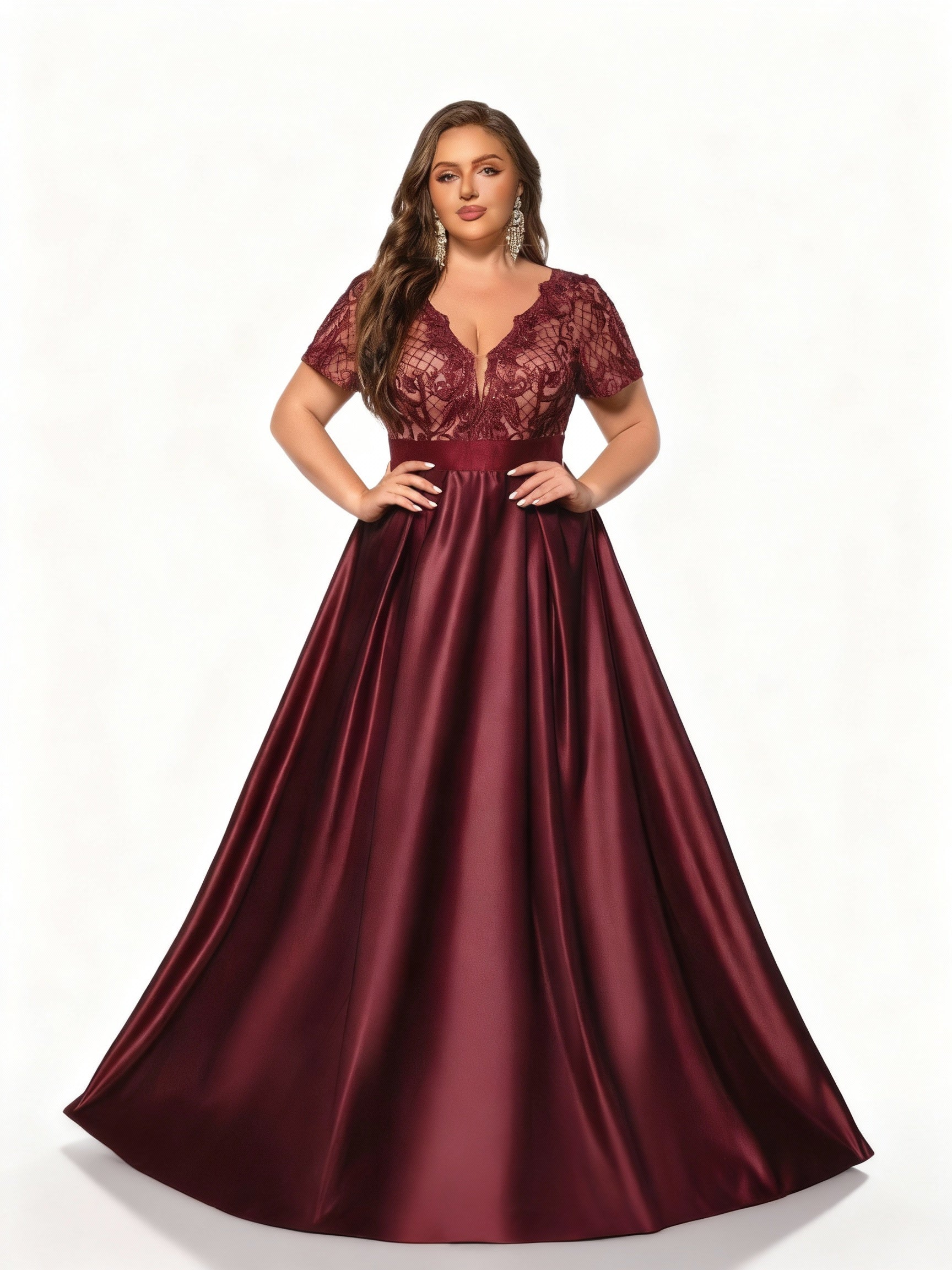 Stalluxe | Burgunderfarbenes Spitzen Abendkleid in Übergröße 5XL