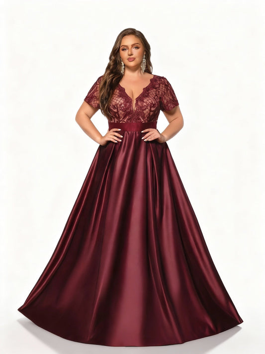 Stalluxe | Burgunderfarbenes Spitzen Abendkleid in Übergröße 5XL