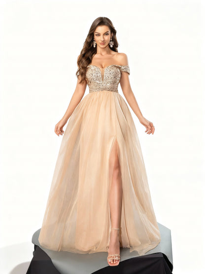 Stalluxe | Burgunderfarbenes Einseitiges Paillettenkleid aus Mesh Champagner