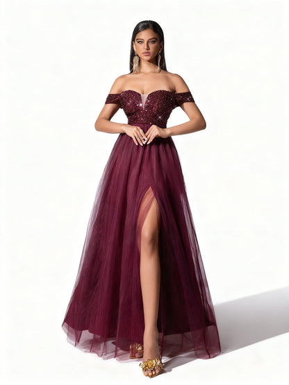 Stalluxe | Burgunderfarbenes Einseitiges Paillettenkleid aus Mesh