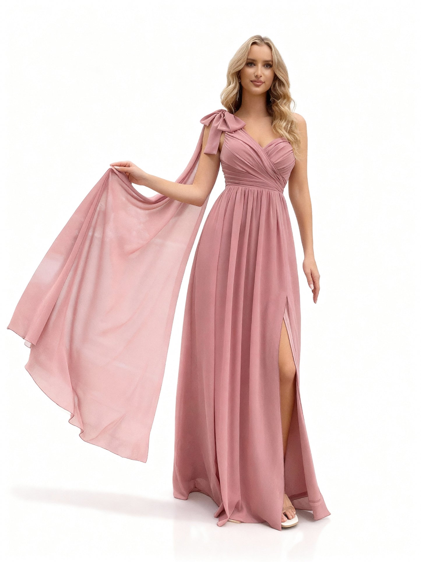 Stalluxe | Romantisches rosa Brautjungfernkleid mit Schleife, einer Schulter und hohem Schlitz