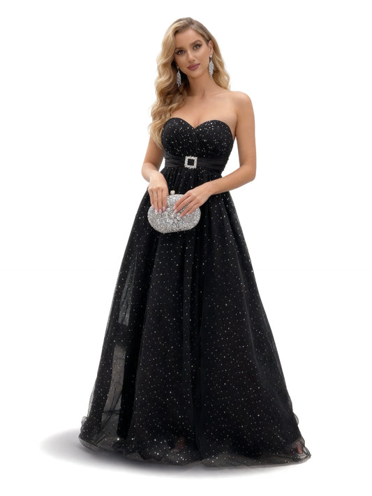 Stalluxe | Prinzessinnenkleid in Schwarz mit Pailletten, trägerlos und hohem Schlitz XL