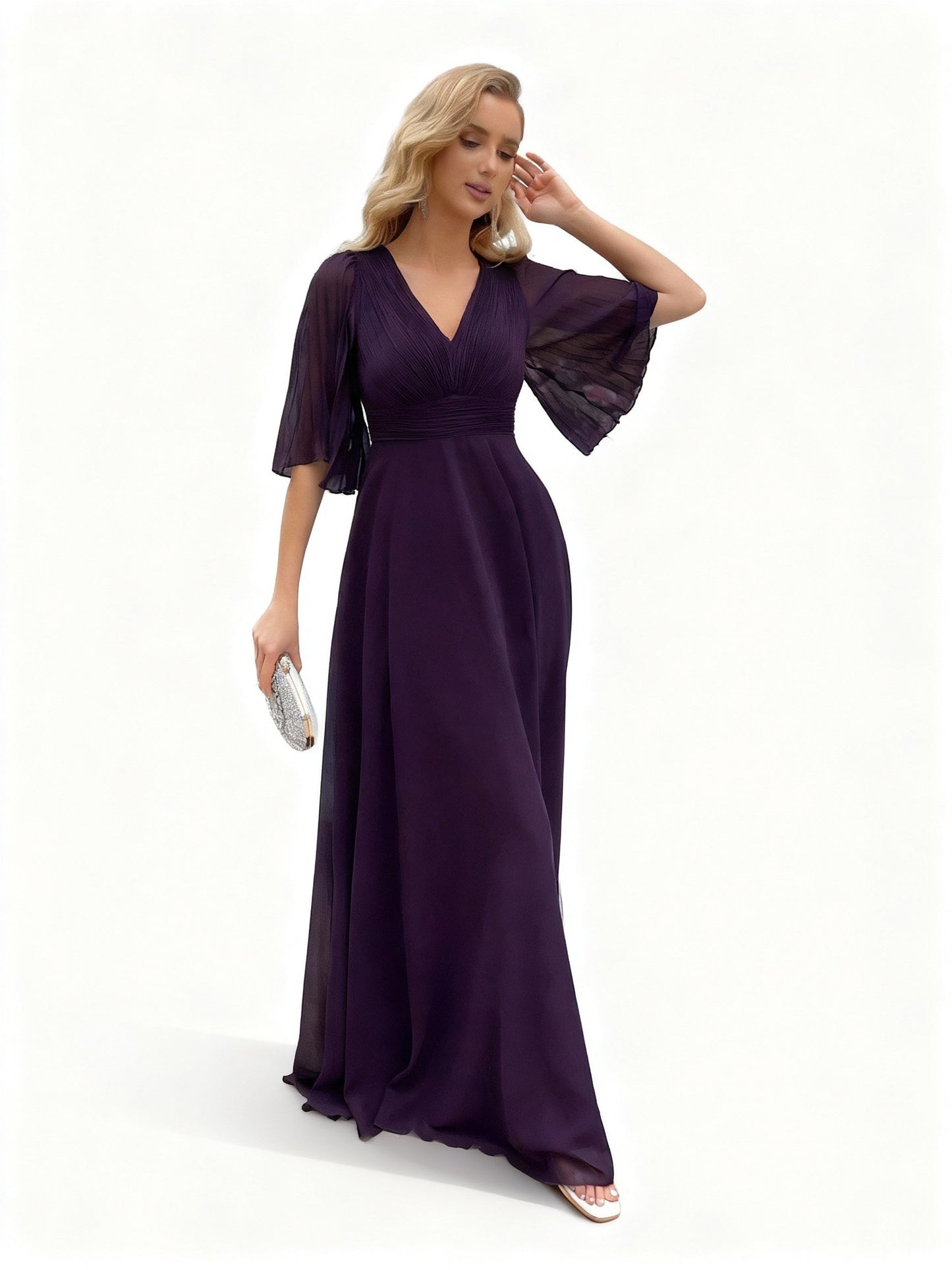 Stalluxe | Weinrotes Chiffonkleid mit Rüschenärmeln