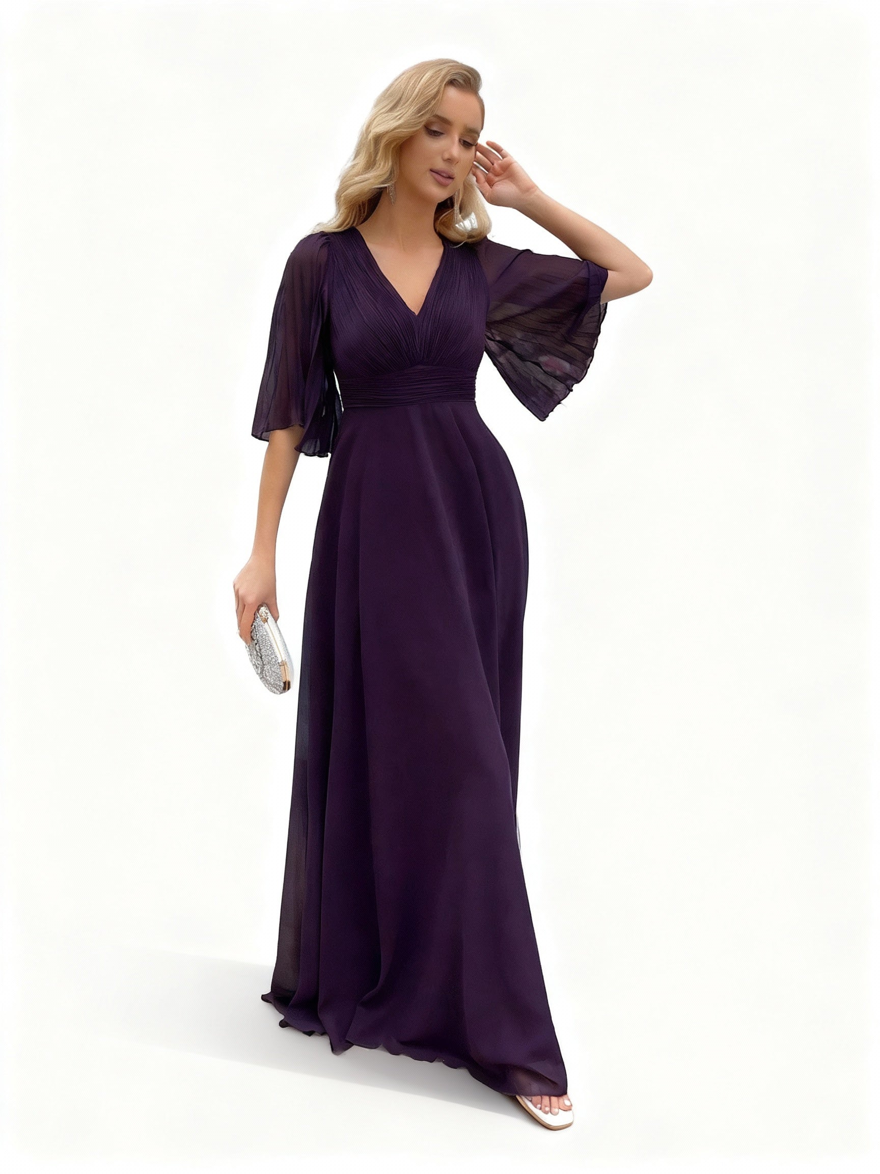 Stalluxe | Weinrotes Chiffonkleid mit Rüschenärmeln