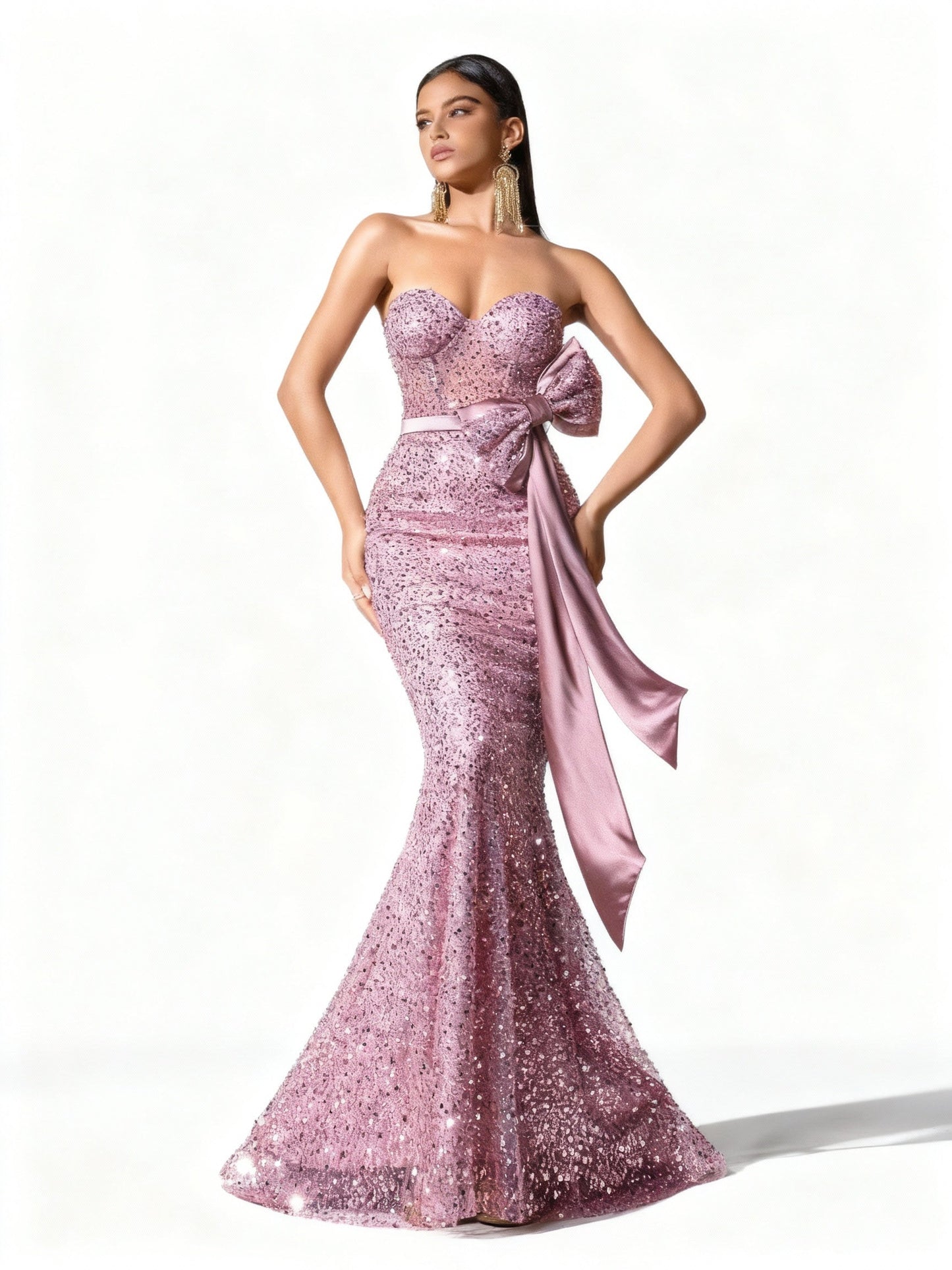 Stalluxe | Rosafarbenes Pailletten Abendkleid mit Schleife und Meerjungfrauen-Schnitt