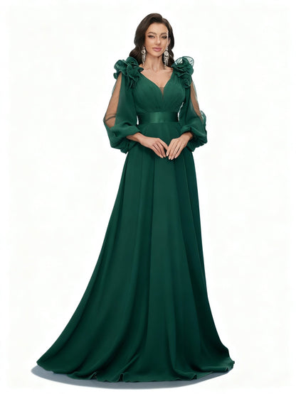 Stalluxe | Dunkelgrünes Chiffonkleid mit Laternenärmeln in Maxilänge