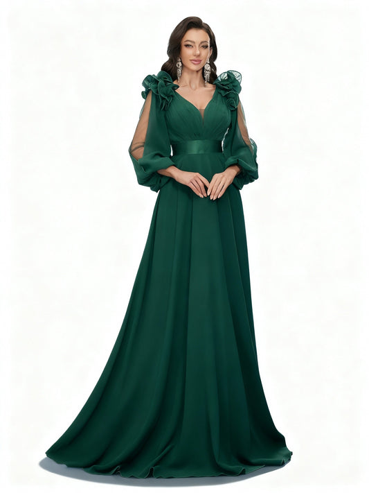 Stalluxe | Dunkelgrünes Chiffonkleid mit Laternenärmeln in Maxilänge