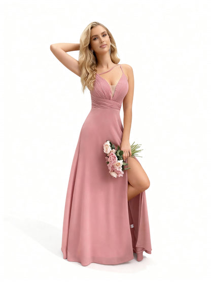 Stalluxe | Stilvolles Chiffon-Brautjungfernkleid in Rosa mit Neckholder und Schlitz