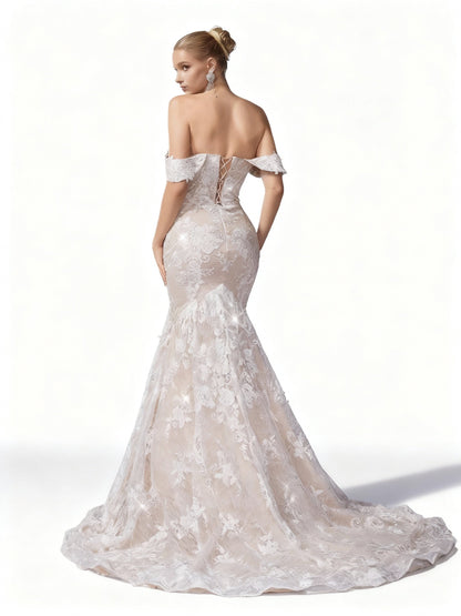 Stalluxe | Ein-Schulter Spitze Hochzeitskleid mit Falten und Blumenstickerei