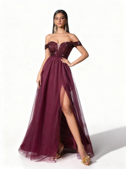 Stalluxe | Burgunderfarbenes Einseitiges Paillettenkleid aus Mesh