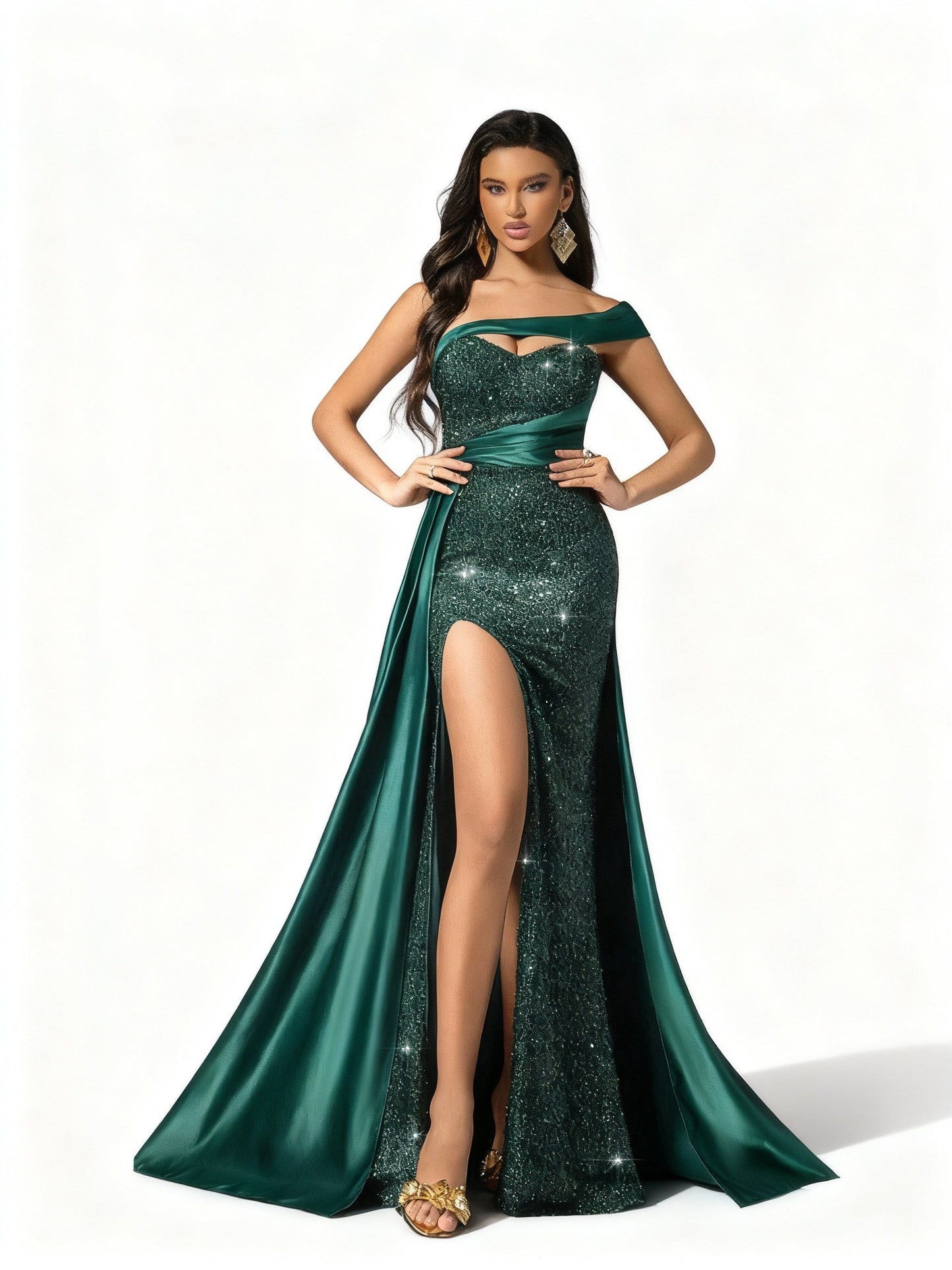 Stalluxe | Glamouröses Paillettenkleid mit Schlitz für Partys Dunkelgrün