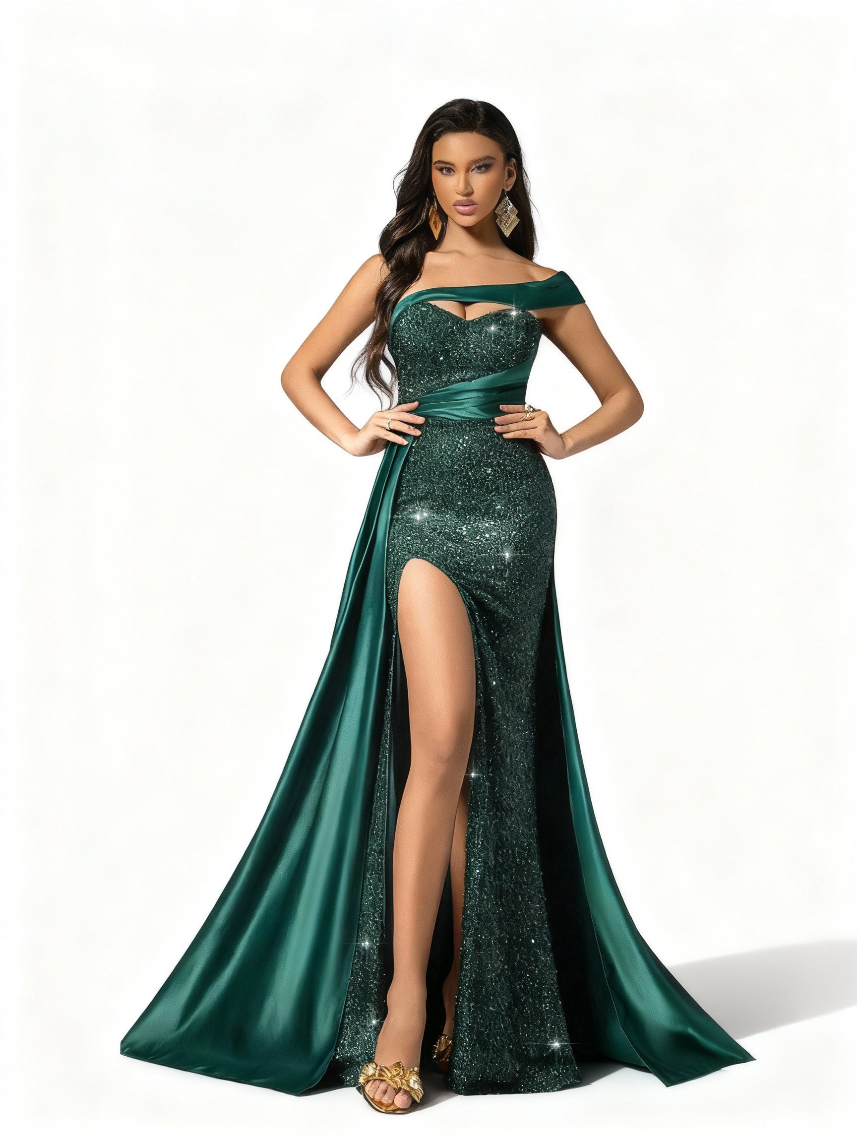 Stalluxe | Glamouröses Paillettenkleid mit Schlitz für Partys Dunkelgrün