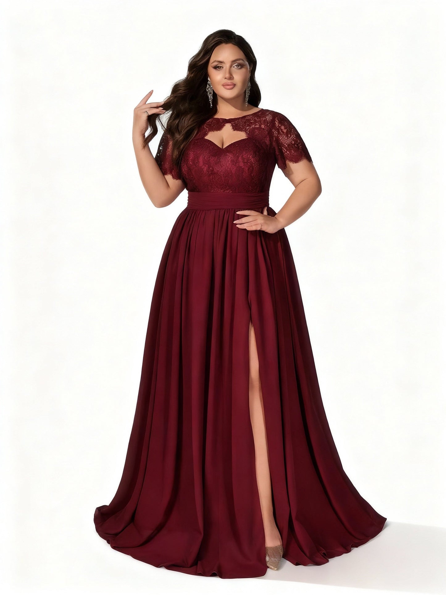 Stalluxe | Elegantes Spitzenkleid mit kurzen Ärmeln für Brautjungfern Weinrot