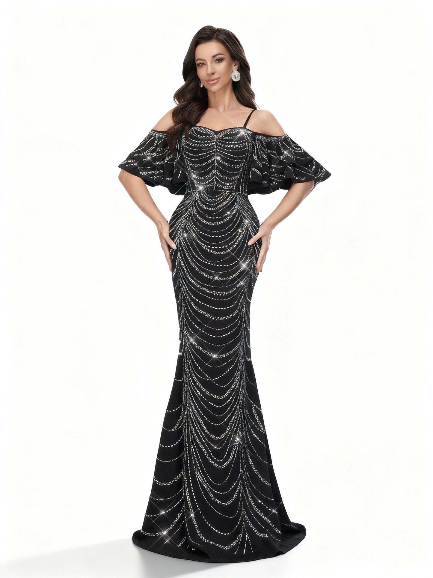 Stalluxe | Schwarzes Pailletten Meerjungfrauen Abendkleid mit Strass XL