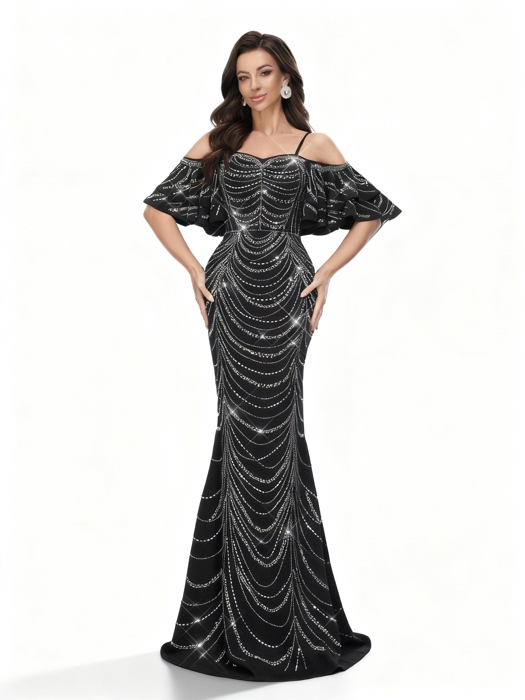 Stalluxe | Schwarzes Pailletten Meerjungfrauen Abendkleid mit Strass XL