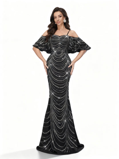 Stalluxe | Schwarzes Pailletten Meerjungfrauen Abendkleid mit Strass XL