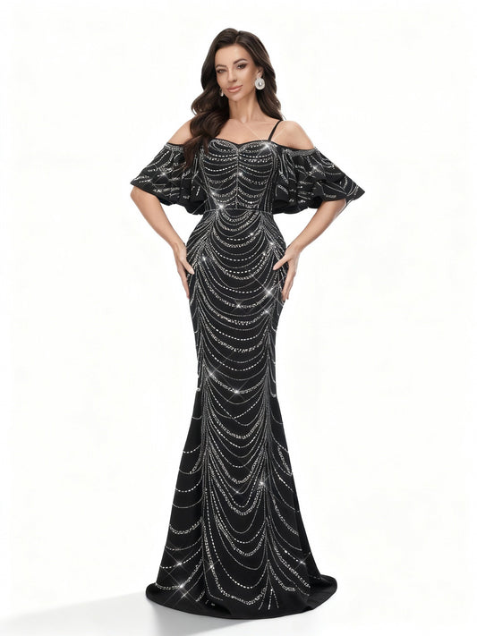 Stalluxe | Schwarzes Pailletten Meerjungfrauen Abendkleid mit Strass XL